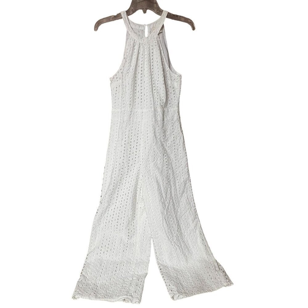 Maison Jules 6 White Eyelet Sleeveless Jumpsuit Halter Neck Cropped Wide Leg